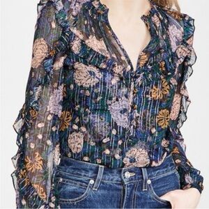 Veronica Beard Silk Abra Floral Metallic Thread Blouse